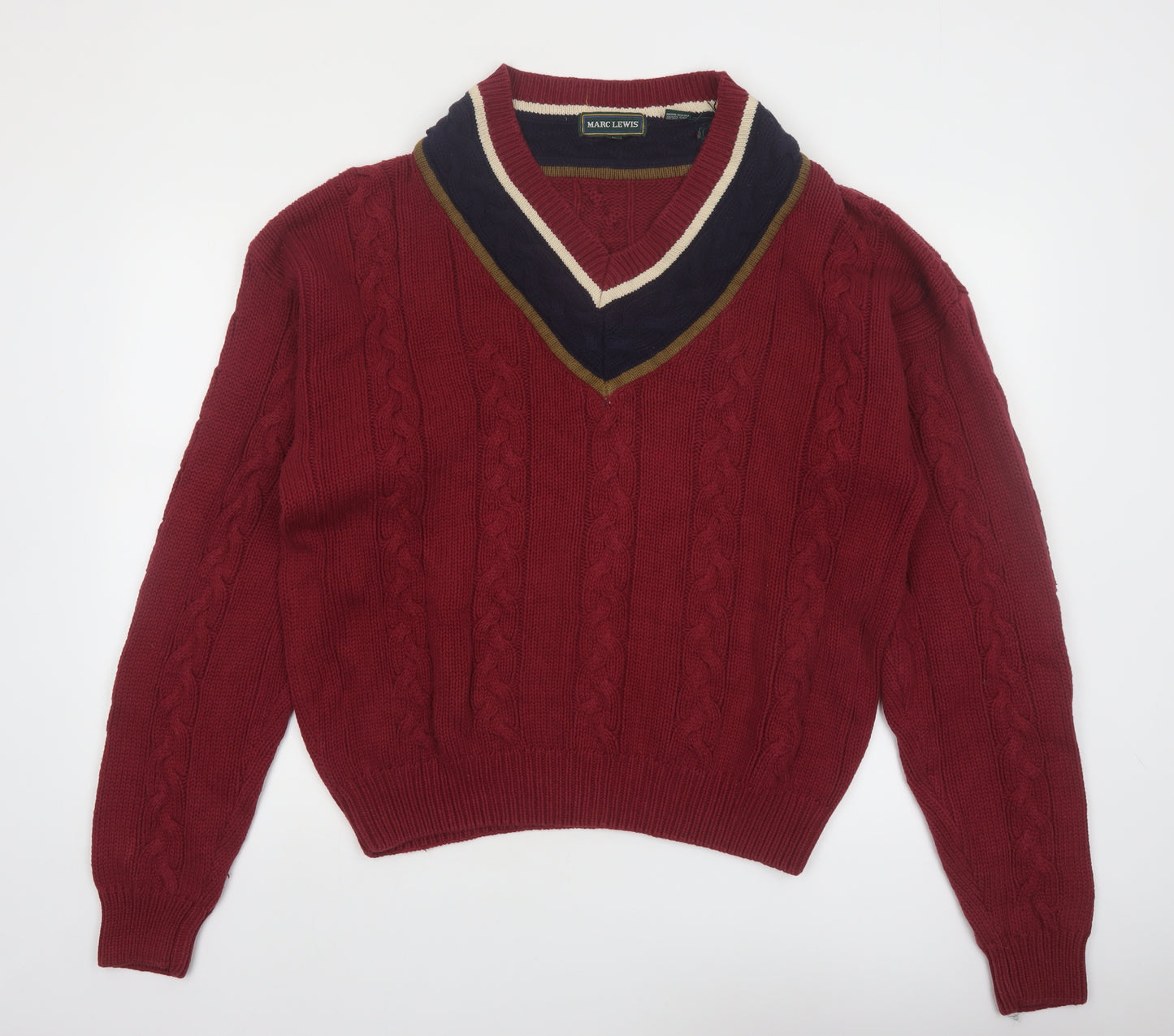 Marc Lewis Men's Red Cotton Cable-Knit V-Neck Jumper Size L