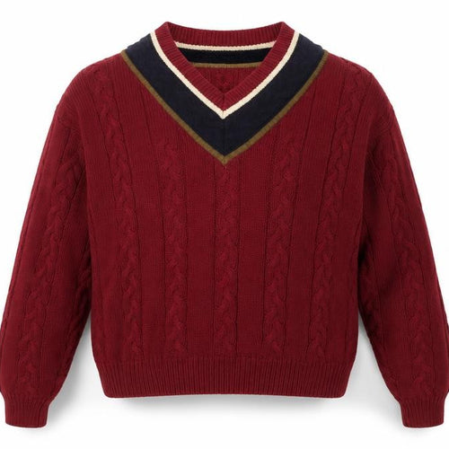 Marc Lewis Men's Red Cotton Cable-Knit V-Neck Jumper Size L