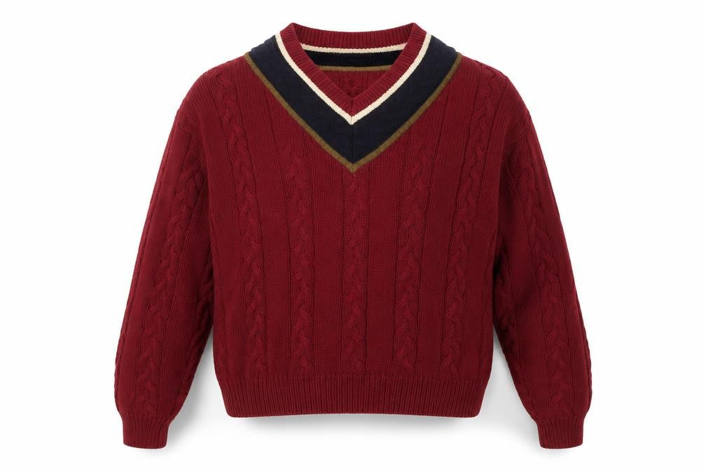 Marc Lewis Men's Red Cotton Cable-Knit V-Neck Jumper Size L