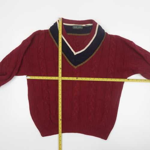 Marc Lewis Men's Red Cotton Cable-Knit V-Neck Jumper Size L