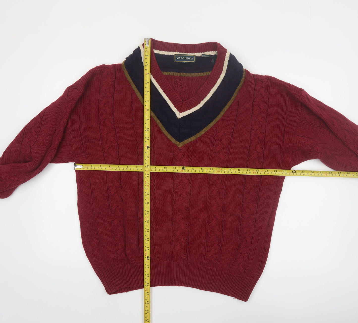 Marc Lewis Men's Red Cotton Cable-Knit V-Neck Jumper Size L