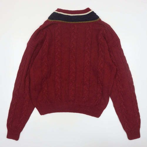 Marc Lewis Men's Red Cotton Cable-Knit V-Neck Jumper Size L