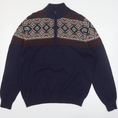 IZOD Men's Blue Fair Isle Half Zip Cotton Jumper Size L