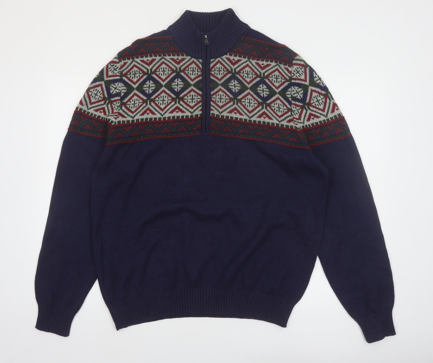 IZOD Men's Blue Fair Isle Half Zip Cotton Jumper Size L