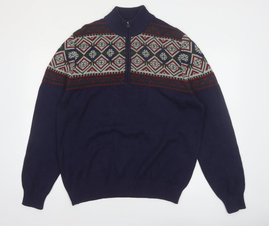 IZOD Men's Blue Fair Isle Half Zip Cotton Jumper Size L