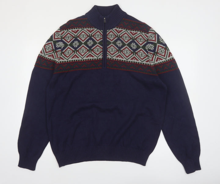 IZOD Men's Blue Fair Isle Half Zip Cotton Jumper Size L