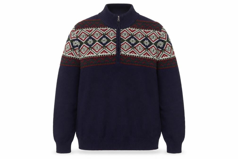 Front view of IZOD Men's Blue Fair Isle Half Zip Cotton Jumper, size L