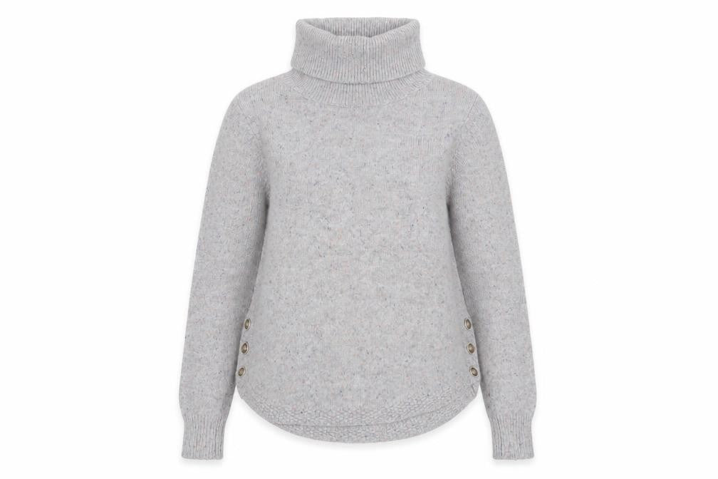 Front view of White Stuff Women Grey Roll Neck Button Jumper, size 8, Wool Blend