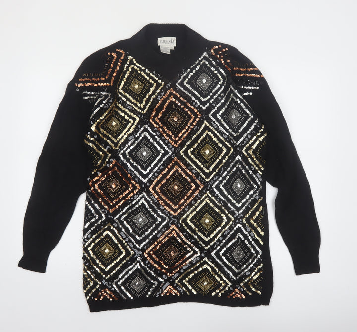 Eugenia by Angenie Womens Black Sequin Wool Blend 80s Jumper M