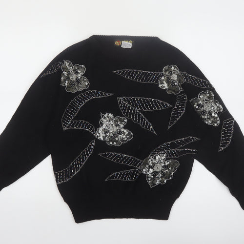 Gino’s Fashions Women Black Sequin Floral Knit Pullover Jumper M