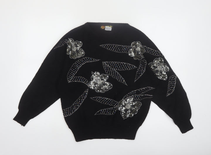 Gino’s Fashions Women Black Sequin Floral Knit Pullover Jumper M