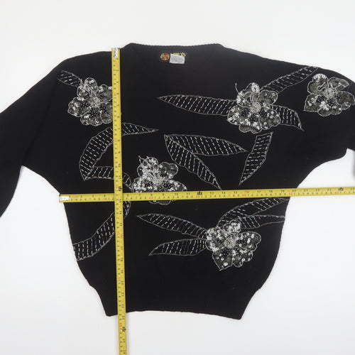Gino’s Fashions Women Black Sequin Floral Knit Pullover Jumper M