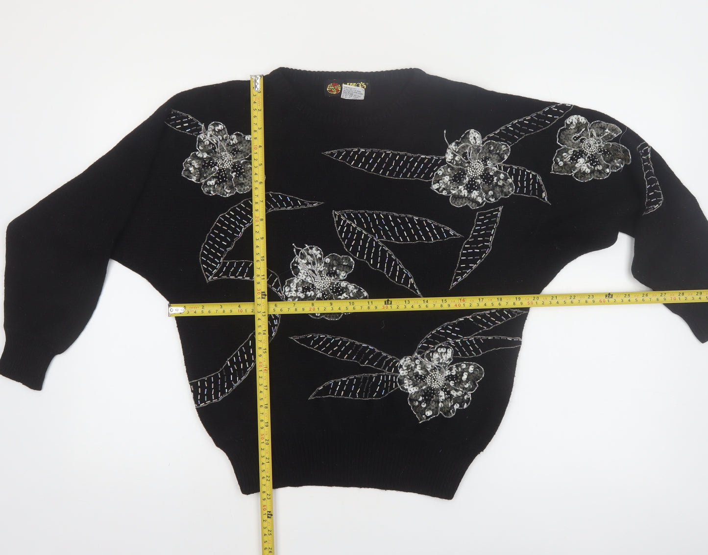 Gino’s Fashions Women Black Sequin Floral Knit Pullover Jumper M