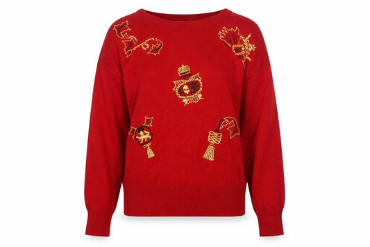 Front view of Koret women’s red embroidered christmas wool blend jumper m