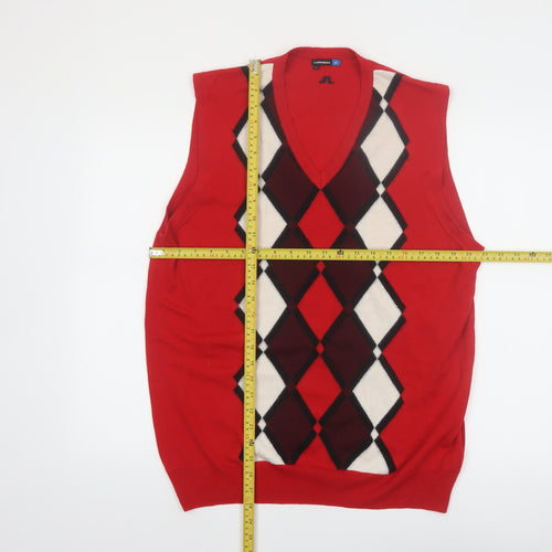 J. Lindeberg Mens Red Argyle Merino Wool V-Neck Golf Vest XL