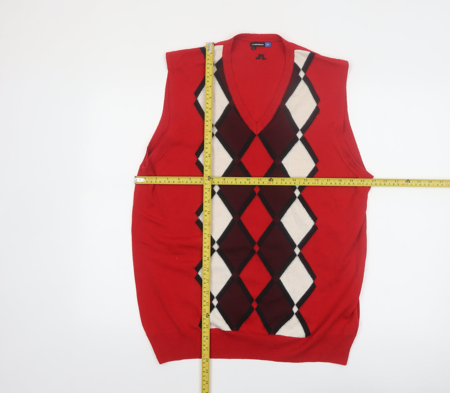 J. Lindeberg Mens Red Argyle Merino Wool V-Neck Golf Vest XL