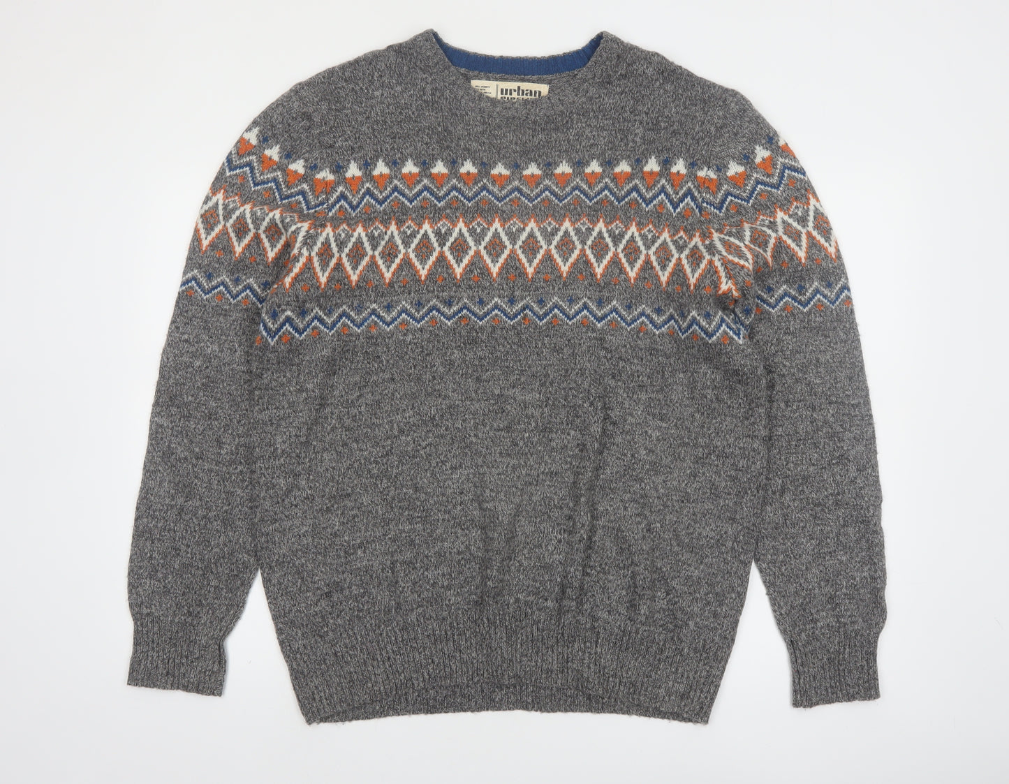 Urban Pipeline Men's Grey Fair Isle Wool Blend Pullover Jumper Size L