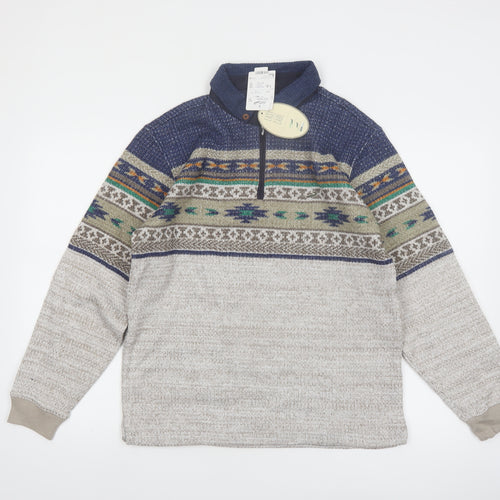 Crocodile Men’s Grey Fair Isle Wool Blend 1/4 Zip Pullover Jumper M