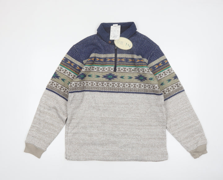 Crocodile Men’s Grey Fair Isle Wool Blend 1/4 Zip Pullover Jumper M