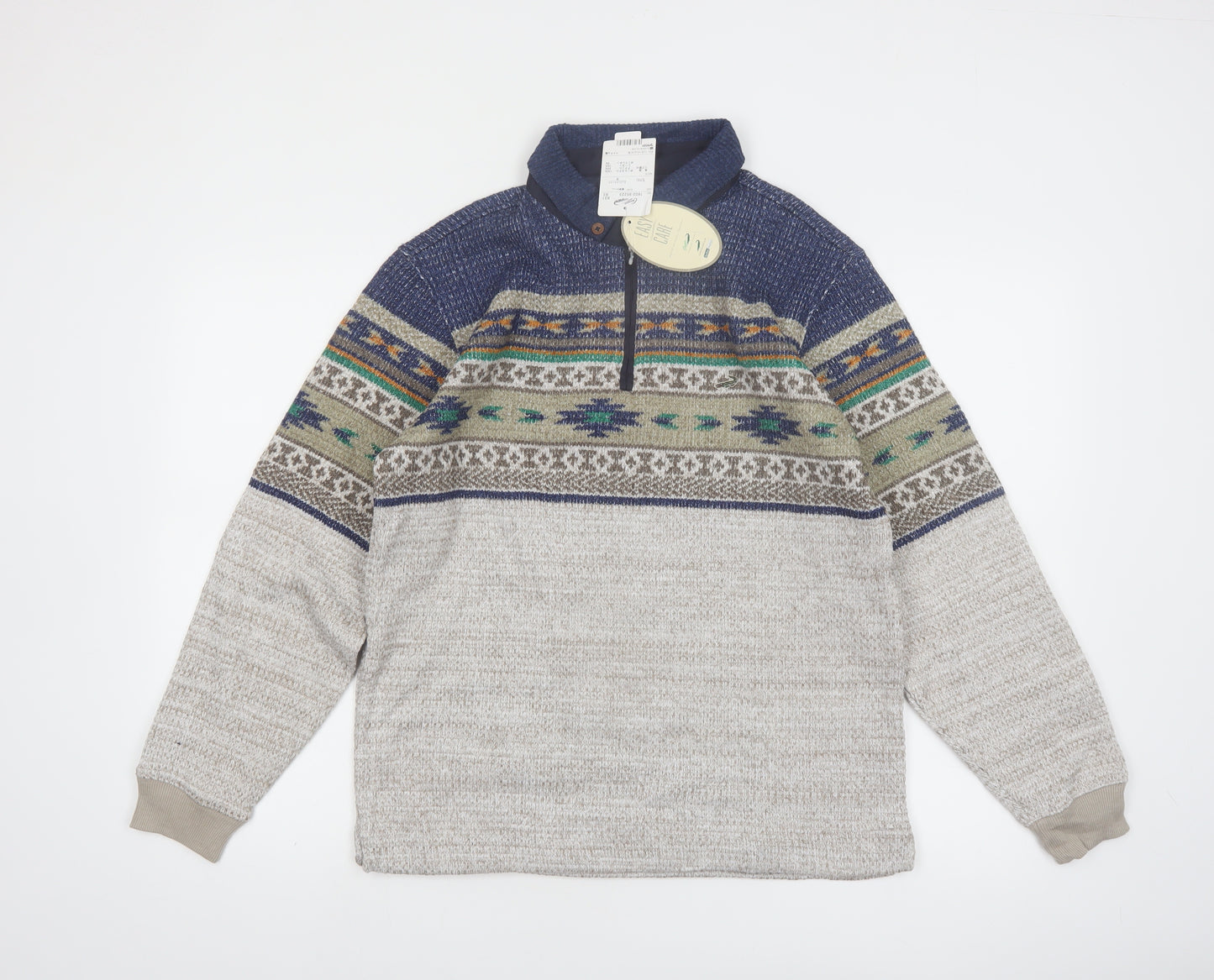 Crocodile Men’s Grey Fair Isle Wool Blend 1/4 Zip Pullover Jumper M