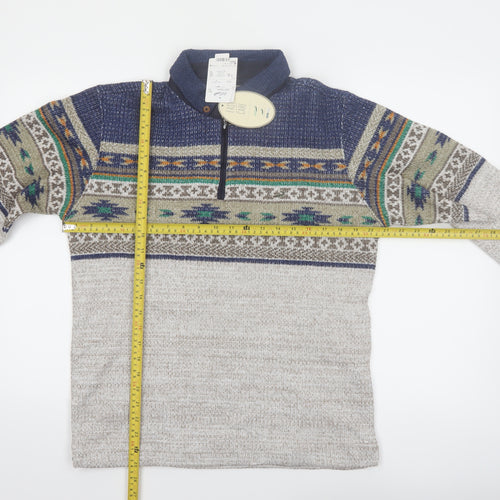 Crocodile Men’s Grey Fair Isle Wool Blend 1/4 Zip Pullover Jumper M