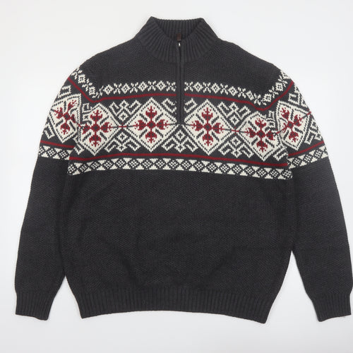 IZOD Men’s Grey Fair Isle 1/2 Zip Cotton Jumper XL Winter Knit
