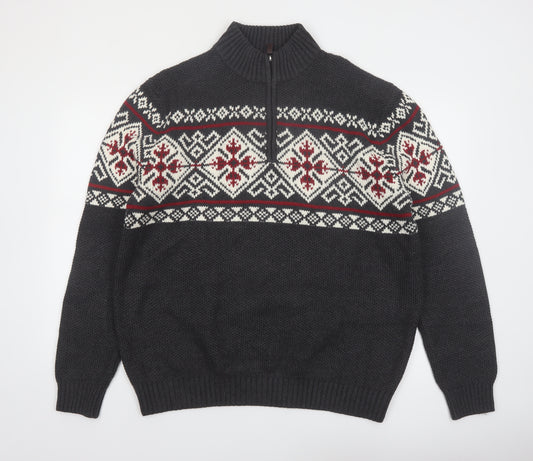 IZOD Men’s Grey Fair Isle 1/2 Zip Cotton Jumper XL Winter Knit