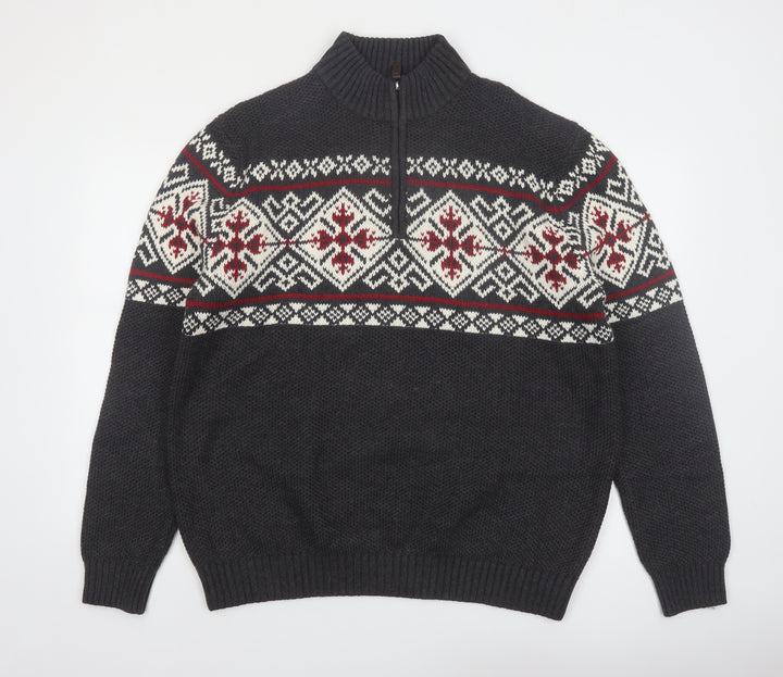 IZOD Men’s Grey Fair Isle 1/2 Zip Cotton Jumper XL Winter Knit