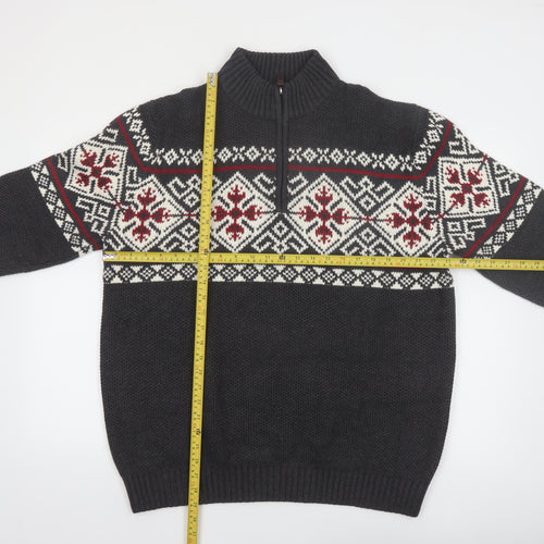 IZOD Men’s Grey Fair Isle 1/2 Zip Cotton Jumper XL Winter Knit
