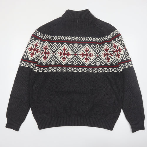 IZOD Men’s Grey Fair Isle 1/2 Zip Cotton Jumper XL Winter Knit