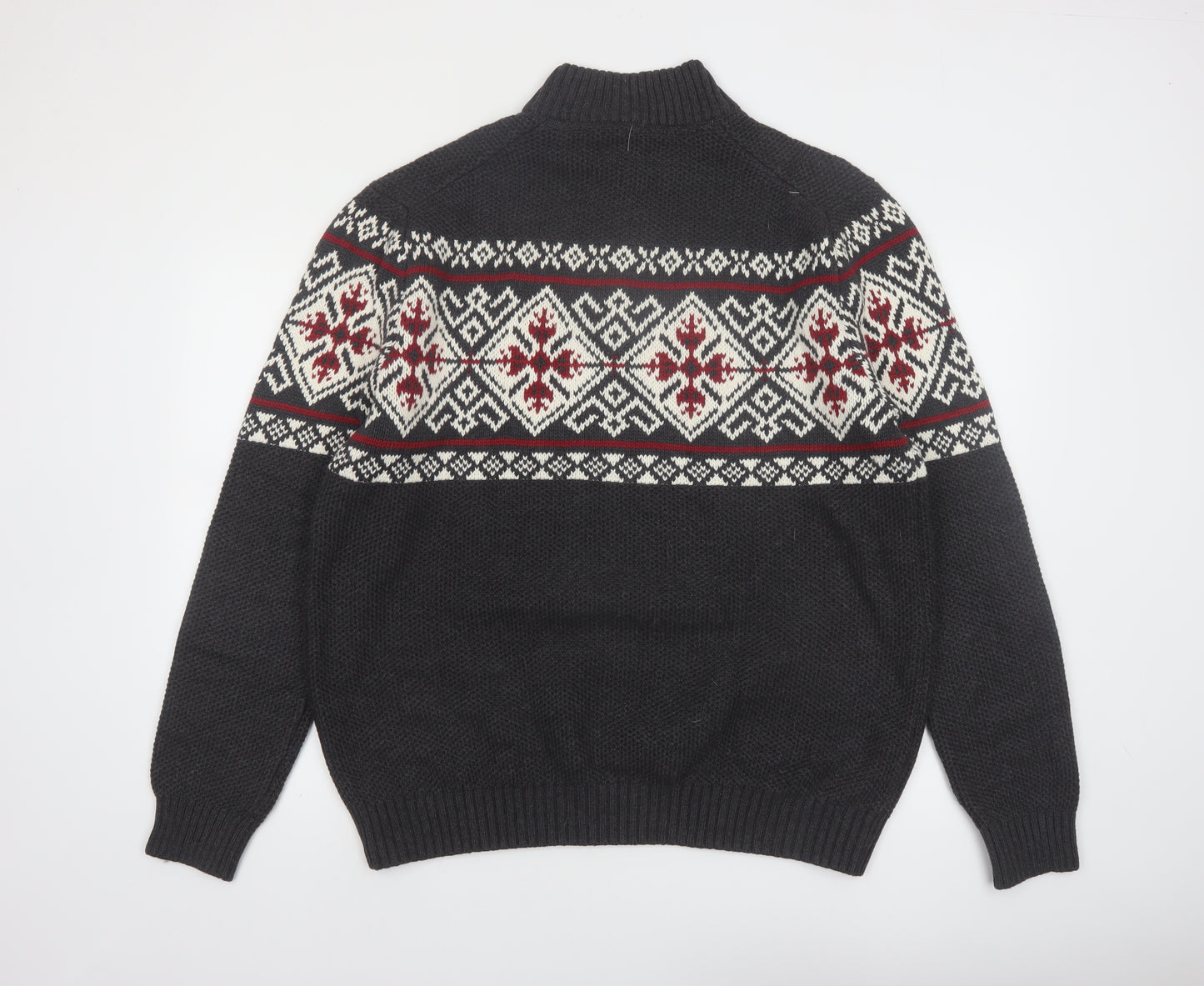 IZOD Men’s Grey Fair Isle 1/2 Zip Cotton Jumper XL Winter Knit