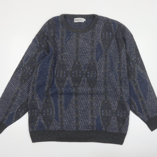 Jantzen Mens Blue Geometric Knit Pullover Jumper XL Tall Wool Blend