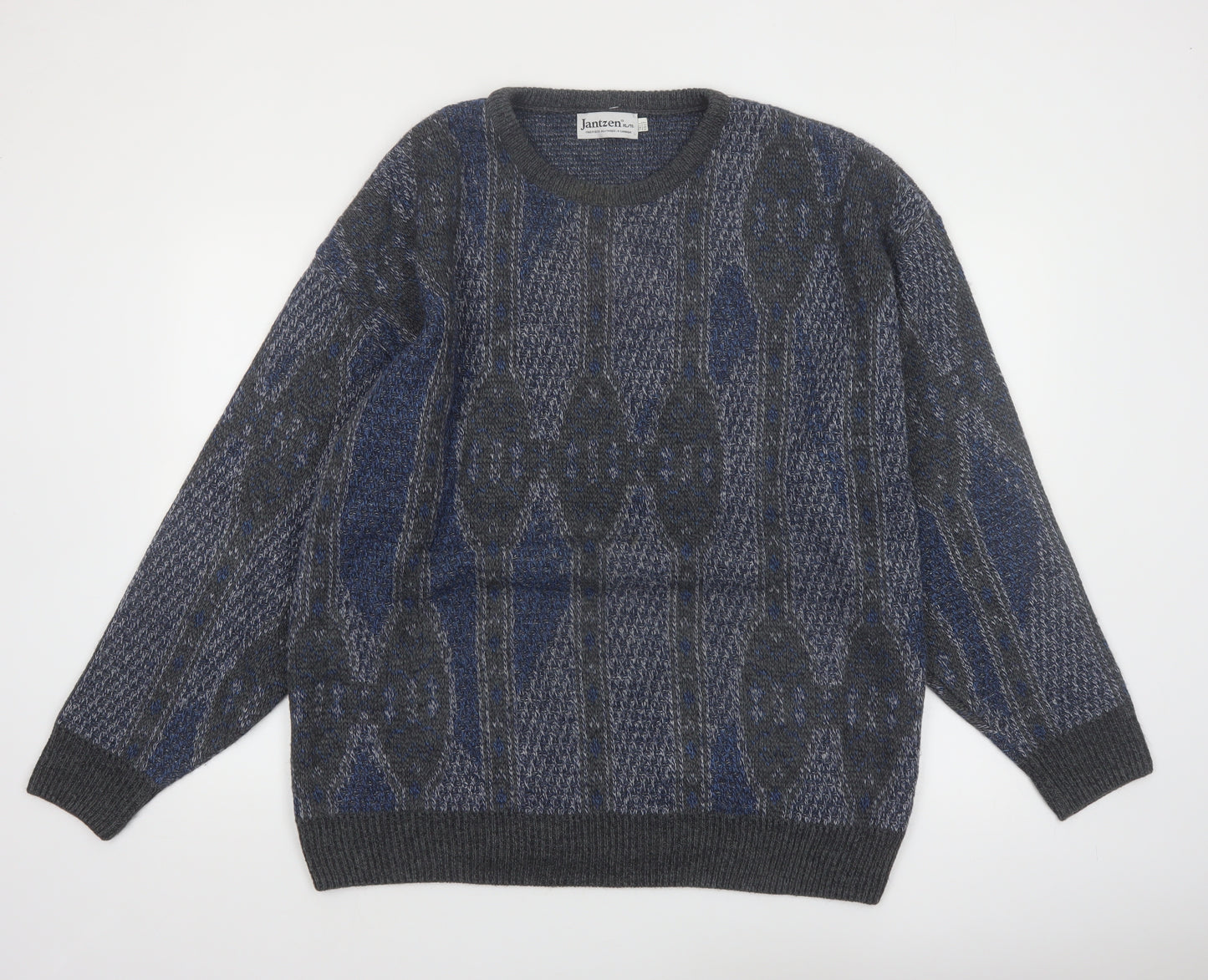 Jantzen Mens Blue Geometric Knit Pullover Jumper XL Tall Wool Blend