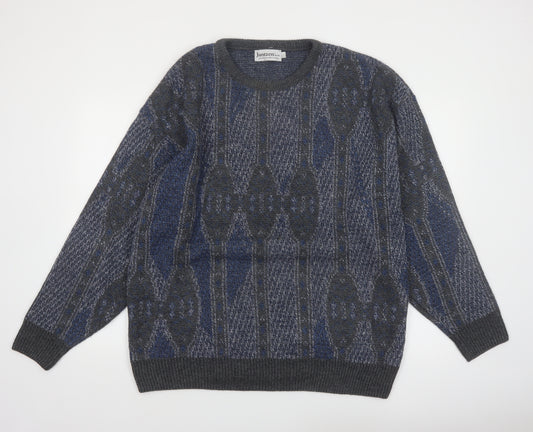 Jantzen Mens Blue Geometric Knit Pullover Jumper XL Tall Wool Blend