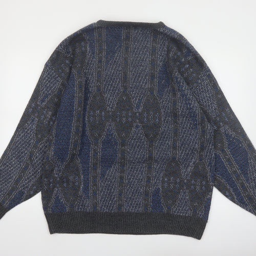 Jantzen Mens Blue Geometric Knit Pullover Jumper XL Tall Wool Blend