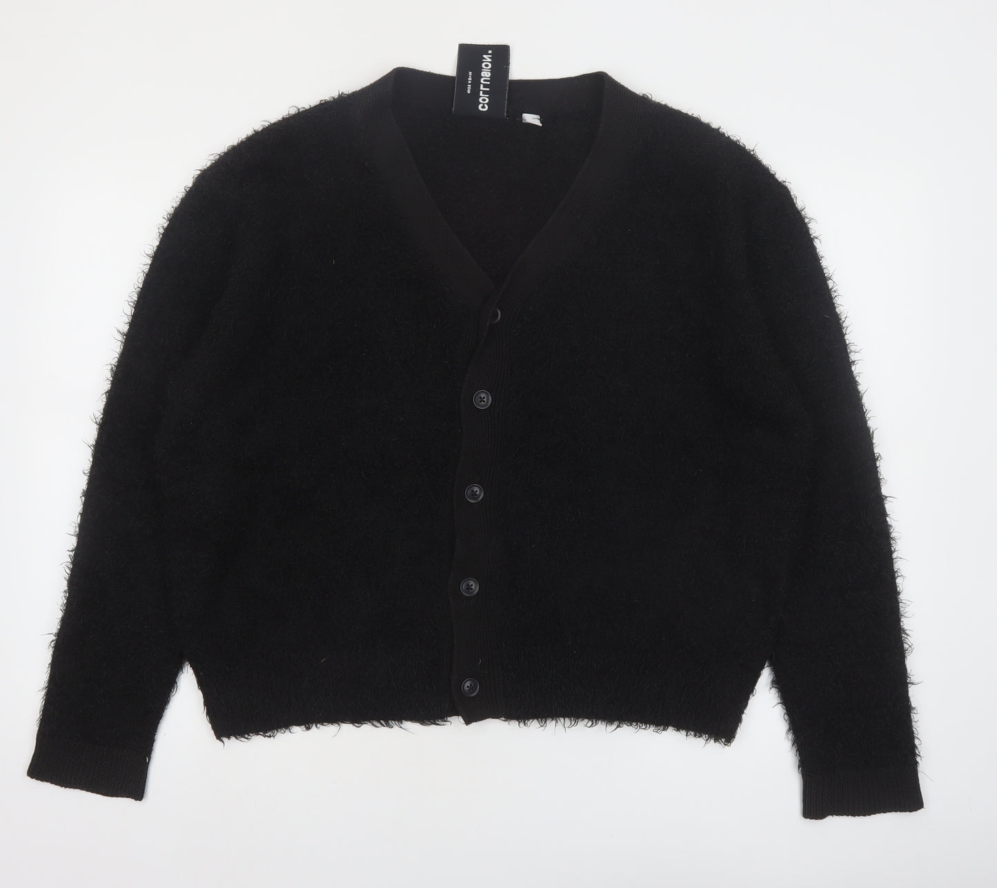Collusion Women Black L Fuzzy V-Neck Button Cardigan Jumper