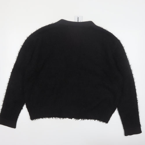Collusion Women Black L Fuzzy V-Neck Button Cardigan Jumper