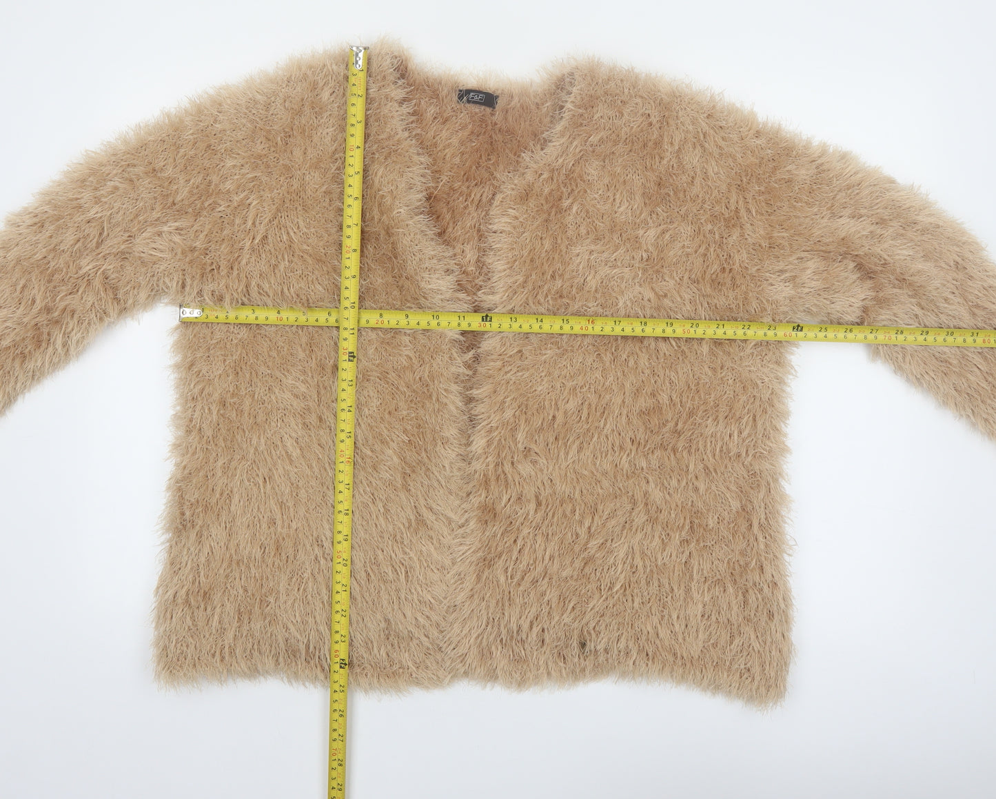 F&F Women Beige Faux Fur Knit Open Cardigan Size 18