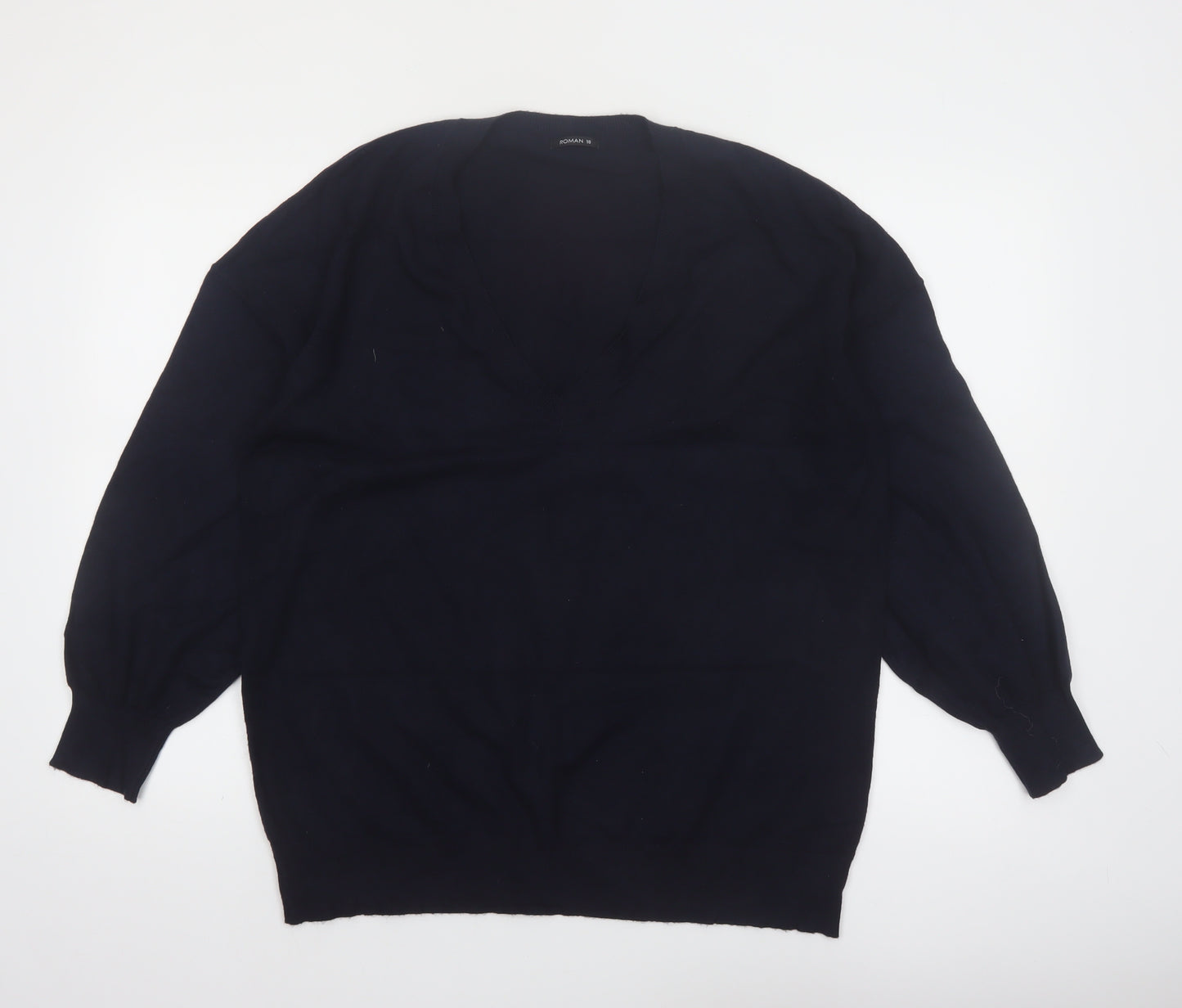 Roman Women Black V-Neck Long Sleeve Pullover Jumper Size 18