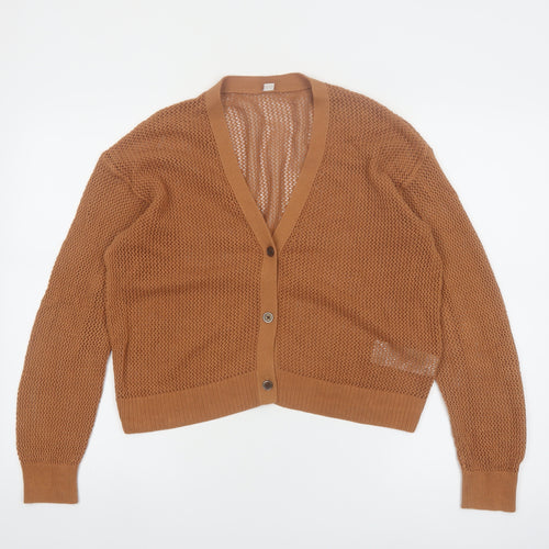 Uniqlo Women Brown Cotton V-Neck Open-Knit Cardigan M