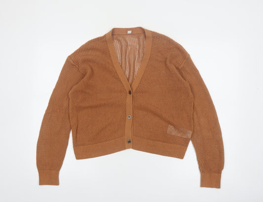 Uniqlo Women Brown Cotton V-Neck Open-Knit Cardigan M