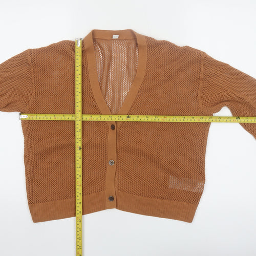 Uniqlo Women Brown Cotton V-Neck Open-Knit Cardigan M