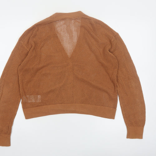 Uniqlo Women Brown Cotton V-Neck Open-Knit Cardigan M