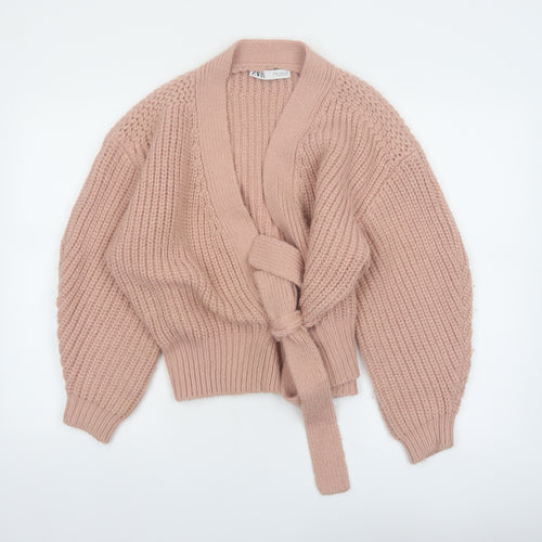 Zara Women Pink Chunky Knit Belted Cardigan Size 12 Acrylic Blend