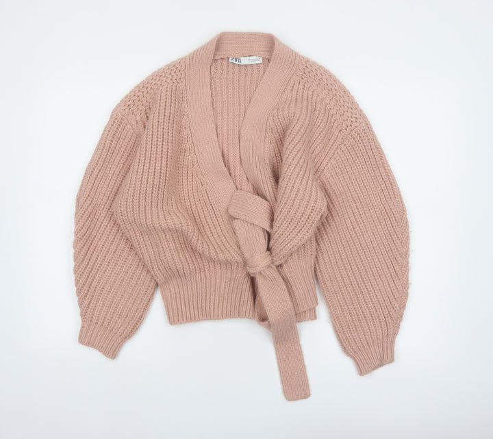 Zara Women Pink Chunky Knit Belted Cardigan Size 12 Acrylic Blend