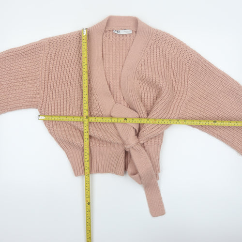 Zara Women Pink Chunky Knit Belted Cardigan Size 12 Acrylic Blend