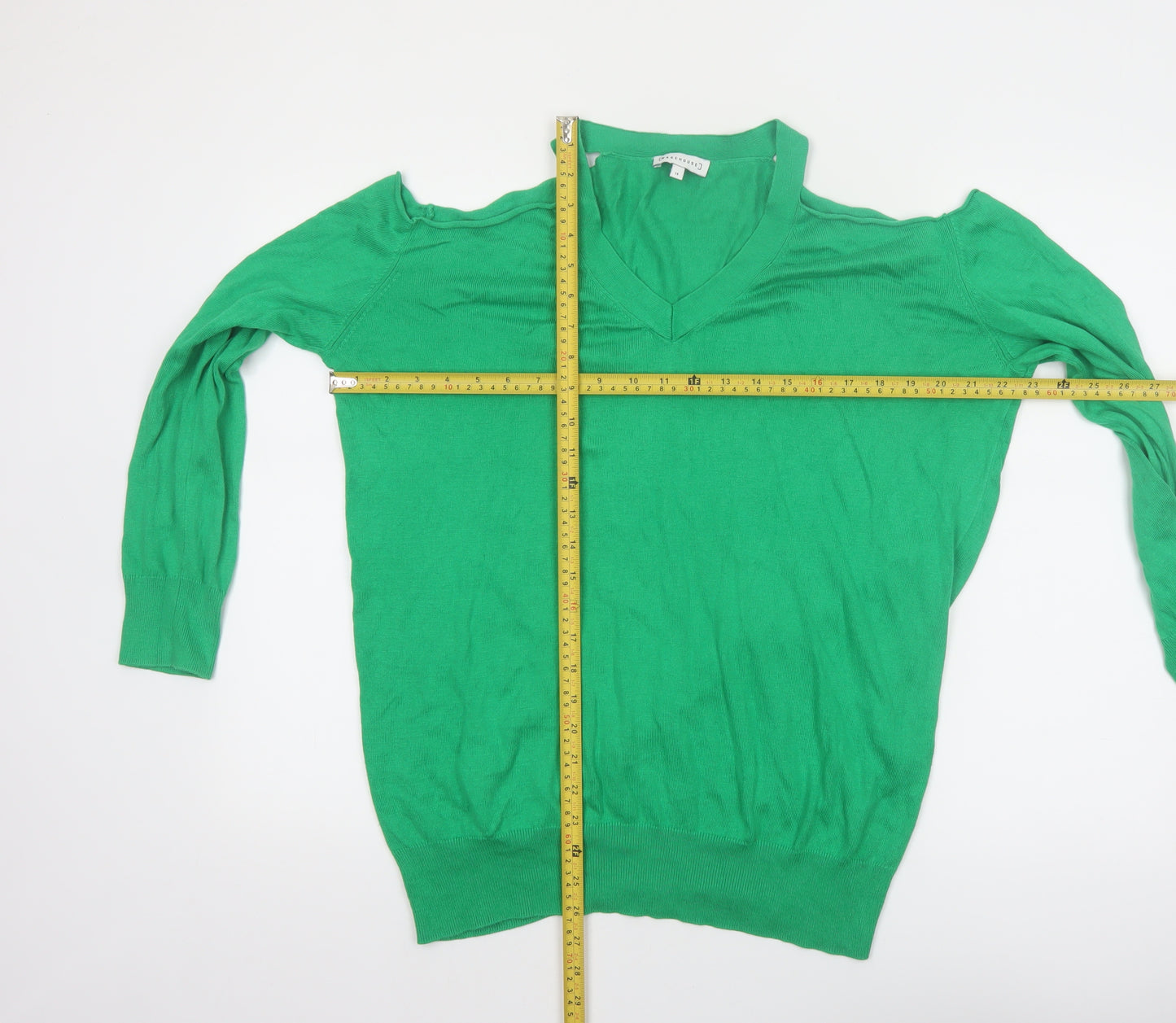 Warehouse Women’s Green V-Neck Cold Shoulder Jumper Size 14