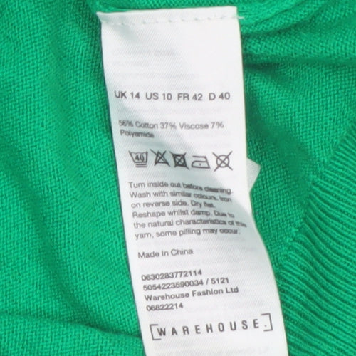 Warehouse Women’s Green V-Neck Cold Shoulder Jumper Size 14