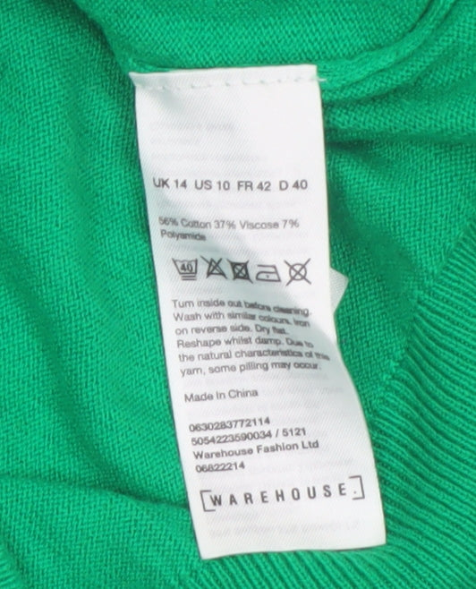 Warehouse Women’s Green V-Neck Cold Shoulder Jumper Size 14