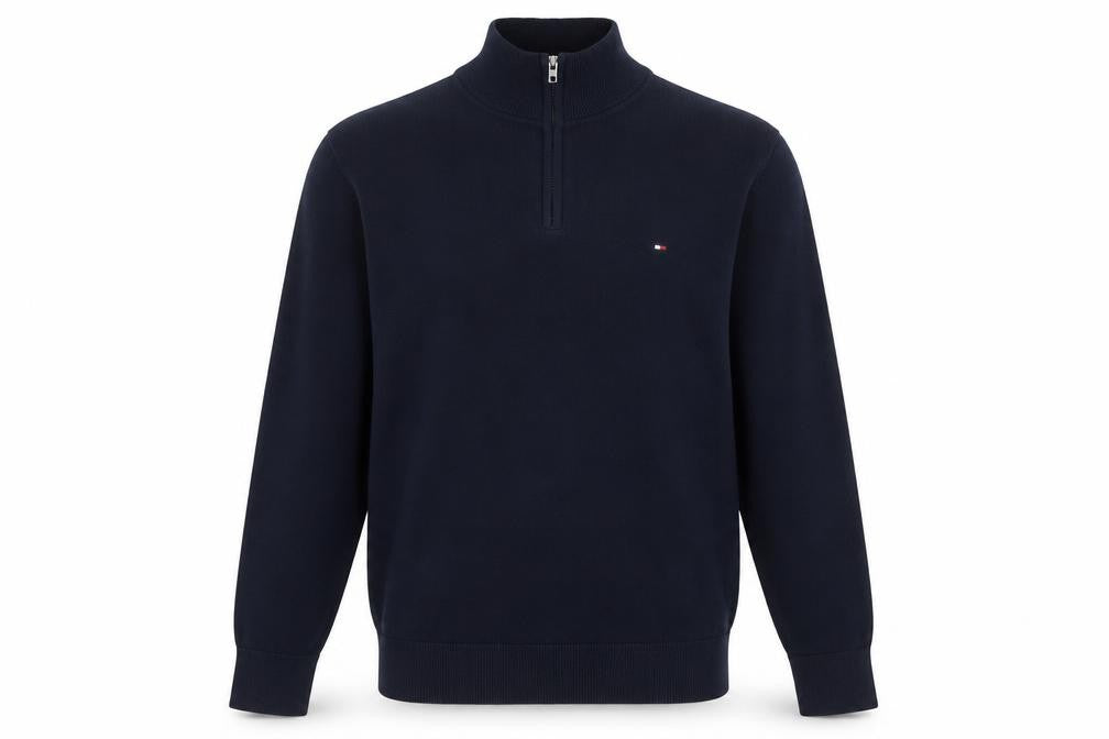 Front view of Tommy Hilfiger men’s blue cotton half zip jumper, size M